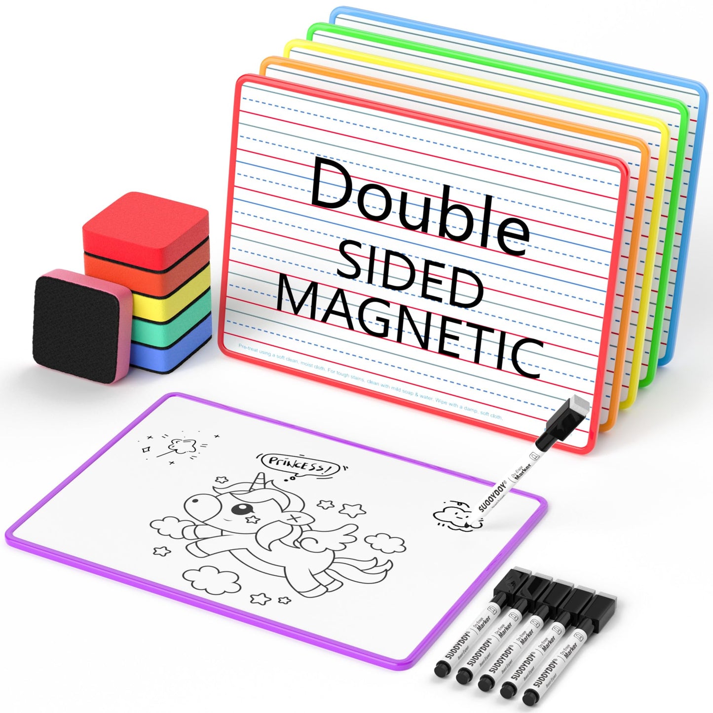 Magnetic Dry Erase Boards 6 Pack for Kids, Double Sided Small Whiteboard Lap Boards 9x12, Lined & Blank Magnetic White Boards for Classroom, Homeschool, Students & Teachers