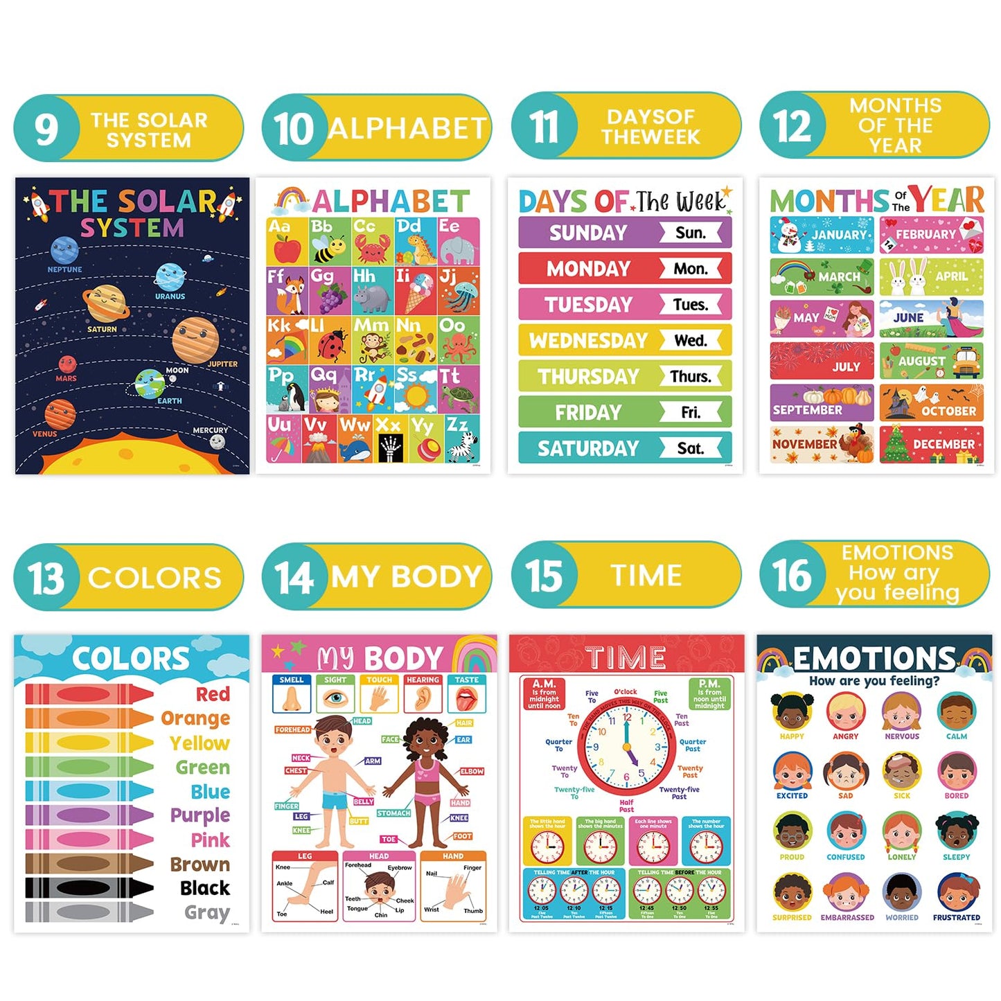 16PCS Classroom Educational Posters - Laminated Educational Posters For Toddlers, 14.7'' x 11.5'' Preschool Learning Posters, Alphabet Number Charts, Kindergarten Classroom Wall Decor, Playroom Homeschool Daycare & Classroom Decor, Kindergarten & Preschoo