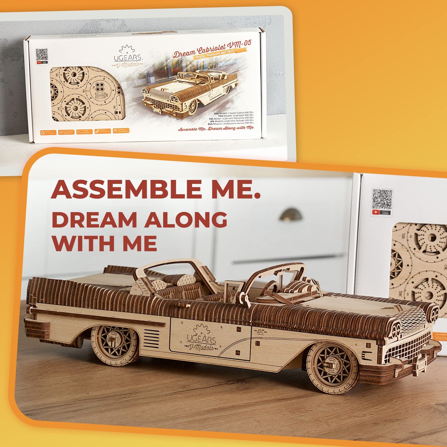 UGEARS Dream Cabriolet VM-05 Wooden 3D Puzzles for Adults - 3D Wooden Puzzles for Adults - Mechanical Model Car Kit - Retro 1950s Inspired DIY Craft, 3D Puzzle