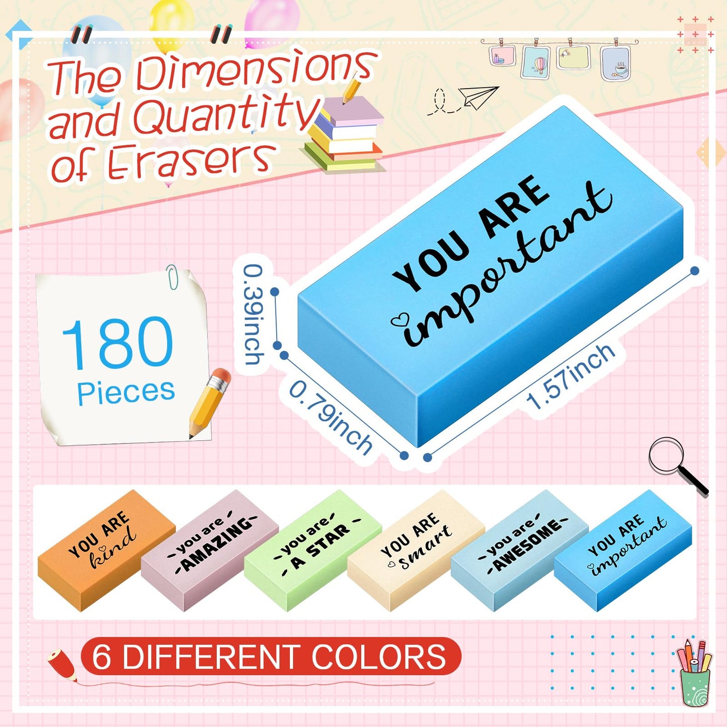 Resurhang 180 Pcs Erasers Bulk for Kids Inspirational Pencil Erasers Bulk for Drawing Motivational Big Eraser School Supplies for Classrooms Back to School Office (Motivational,Morandi)