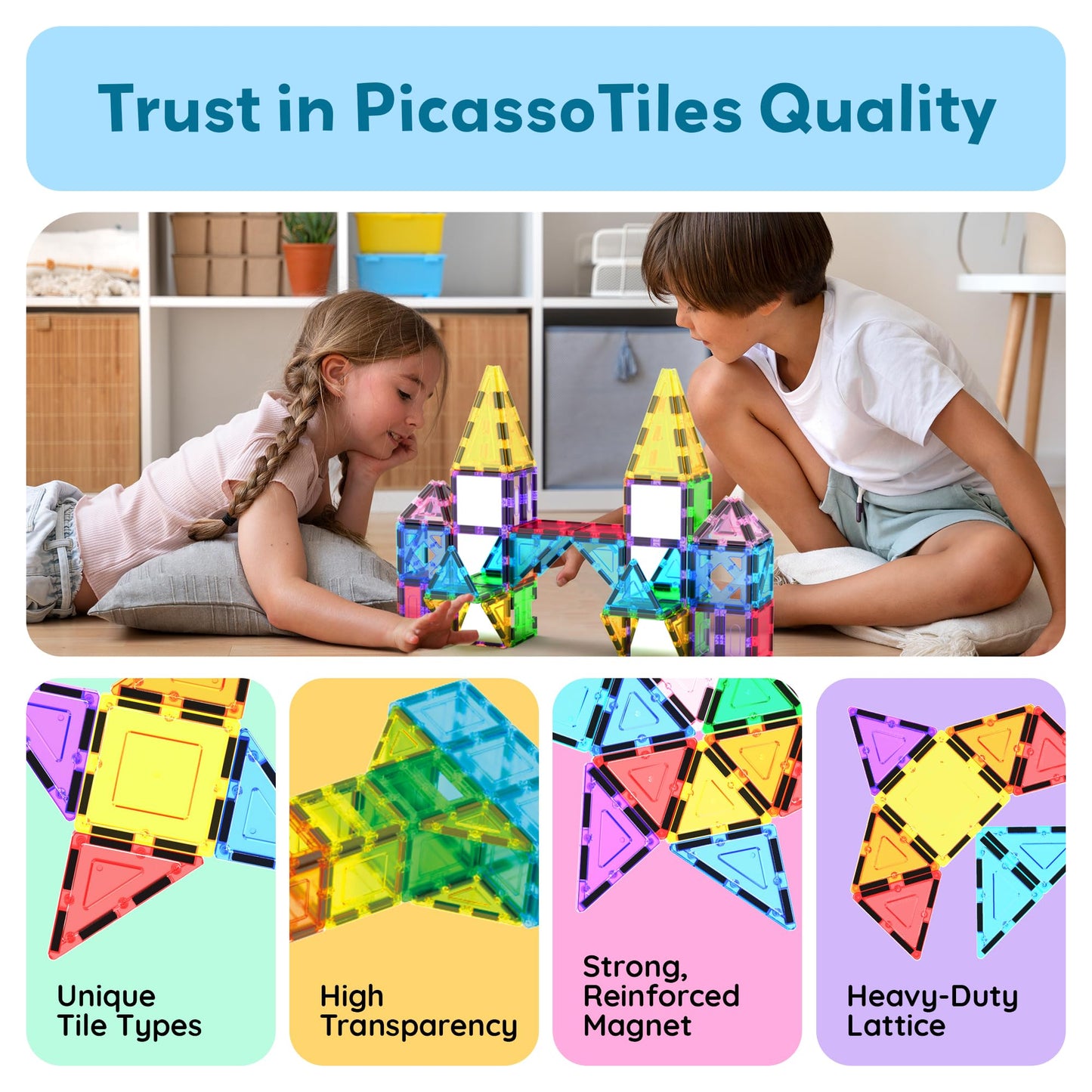 PicassoTiles Magnetic Tiles 152pcs Mirror Theme Magnet Tile Building Blocks STEM Sensory Toys with Car for Kids Toddlers Boys Girls Age 3+ Educational Learning Construction Play Set PT152