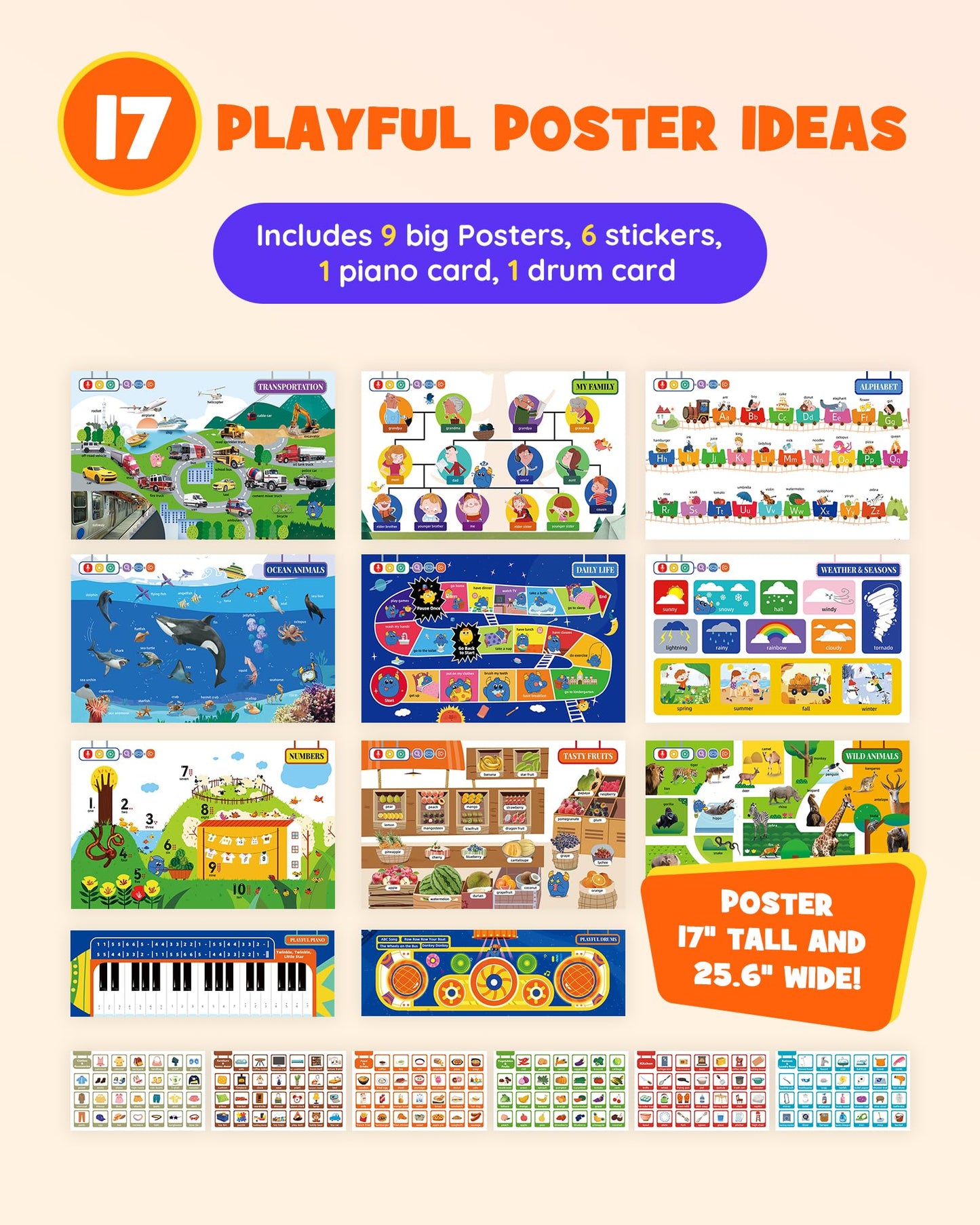 TEKFUN Talking Learning Poster Set for Toddlers 1-3, Interactive Educational Wall Poster with Speaking Pen, Screen-Free Letter & Word Learning for Homeschooling & Preschool Classroom