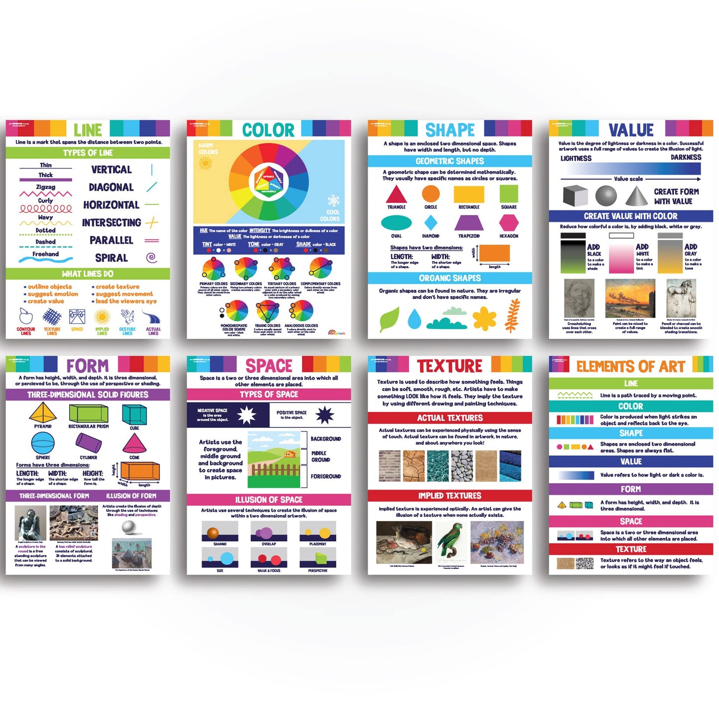 Sproutbrite 8 Pack 16" L x 12" W Art Posters Elements and Principles of Art Posters - Art Classroom Decor - Builds Strong Understanding of Art Fundamentals
