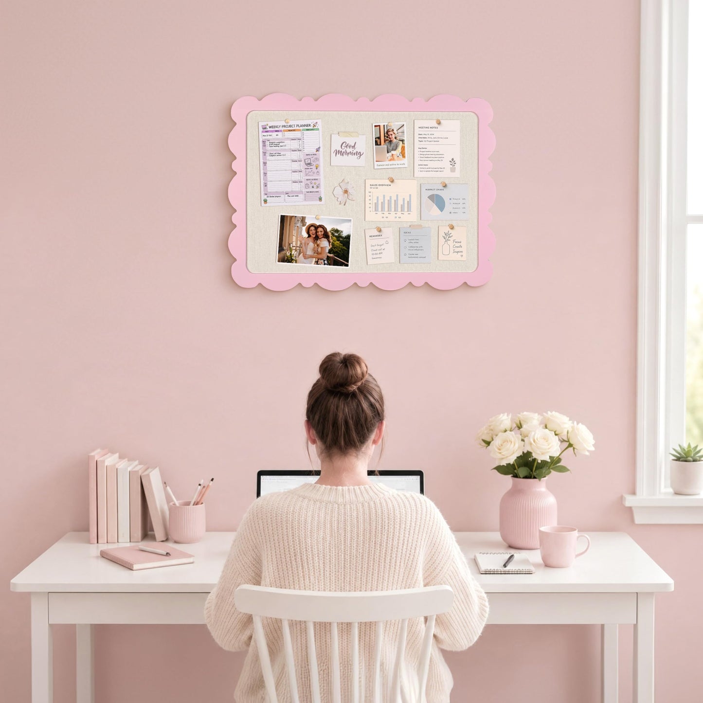 Marribol Scalloped Pin Board with Linen，18’’x24’’,Pink Pine Frame Bulletin Board for Office Home School Girls Dorm Decor, with 10 Cards,10 Pins
