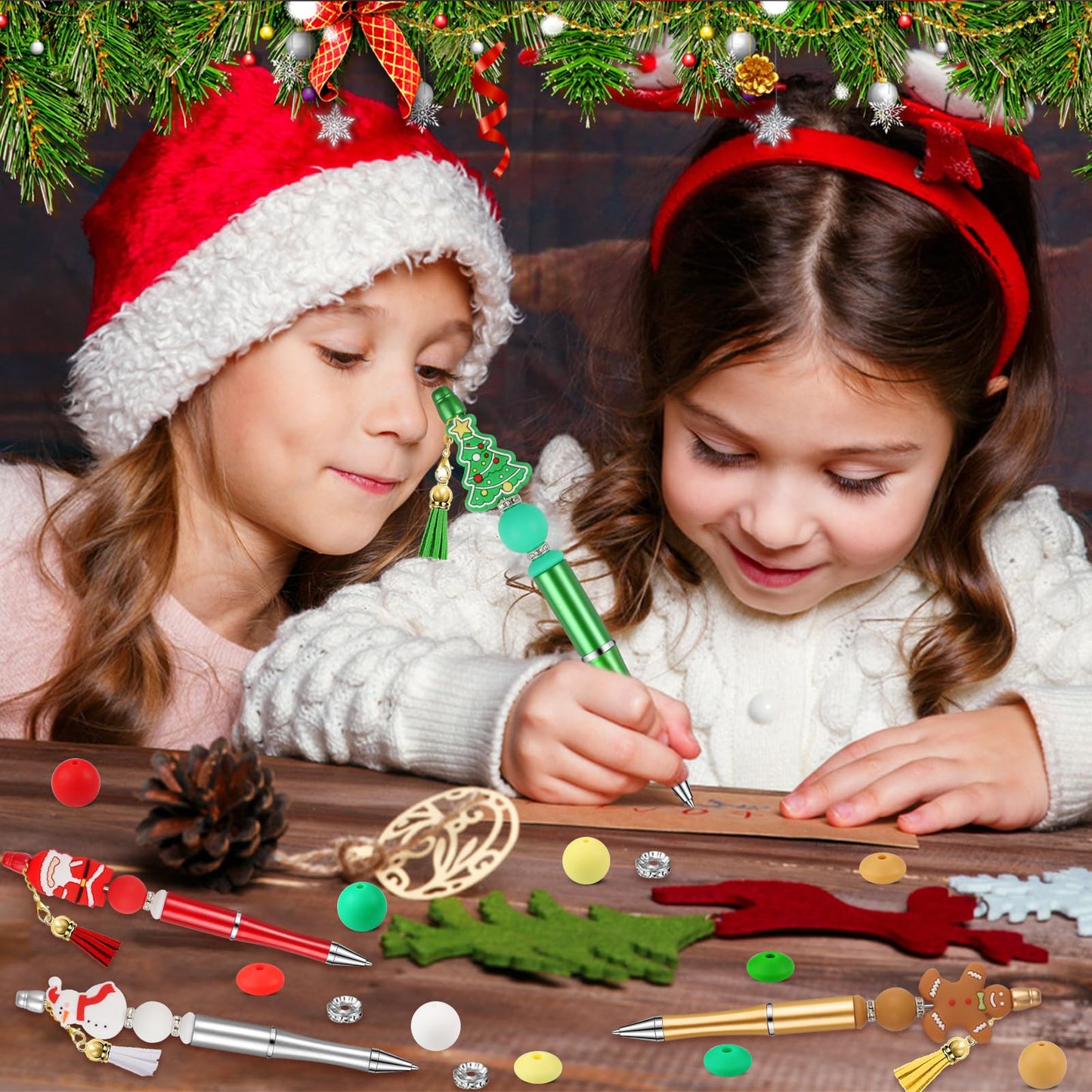CZWZ 8 Pcs Christmas Beadable Pens, Plastic Beadable Pens with Multicolor Silicone Beads, Christmas Snowman Pine Tree Floral Hoop Deer Pens for Christmas Office School Supplies