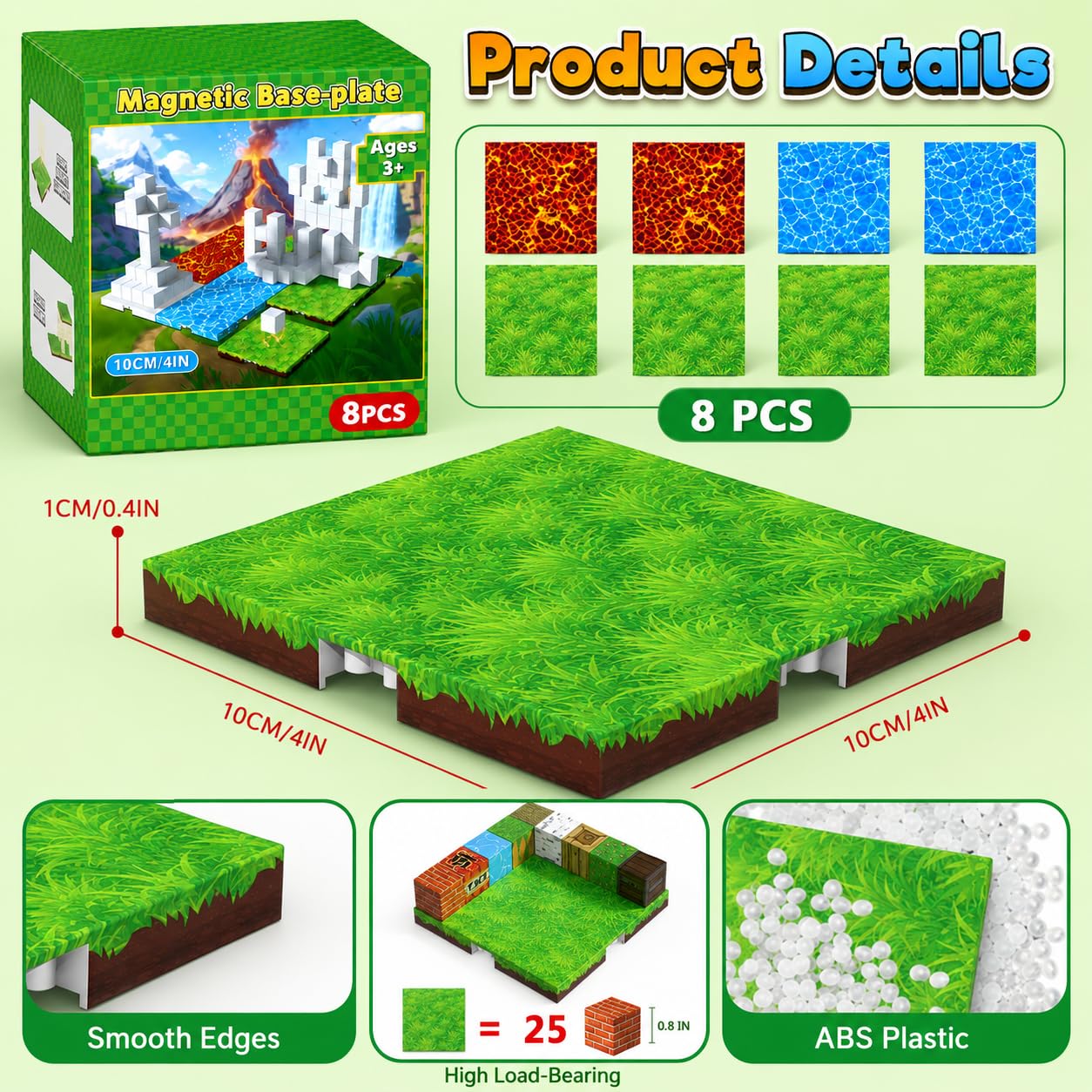 Magnetopia 8PCS Magnetic Blocks Base Plate, 4" x 4" Powerful Magnetic Building Block Base Plates for Kids, Magnet Toys, STEM Learning Sensory Toys, Birthday Gifts for Boys & Girls Ages 3+