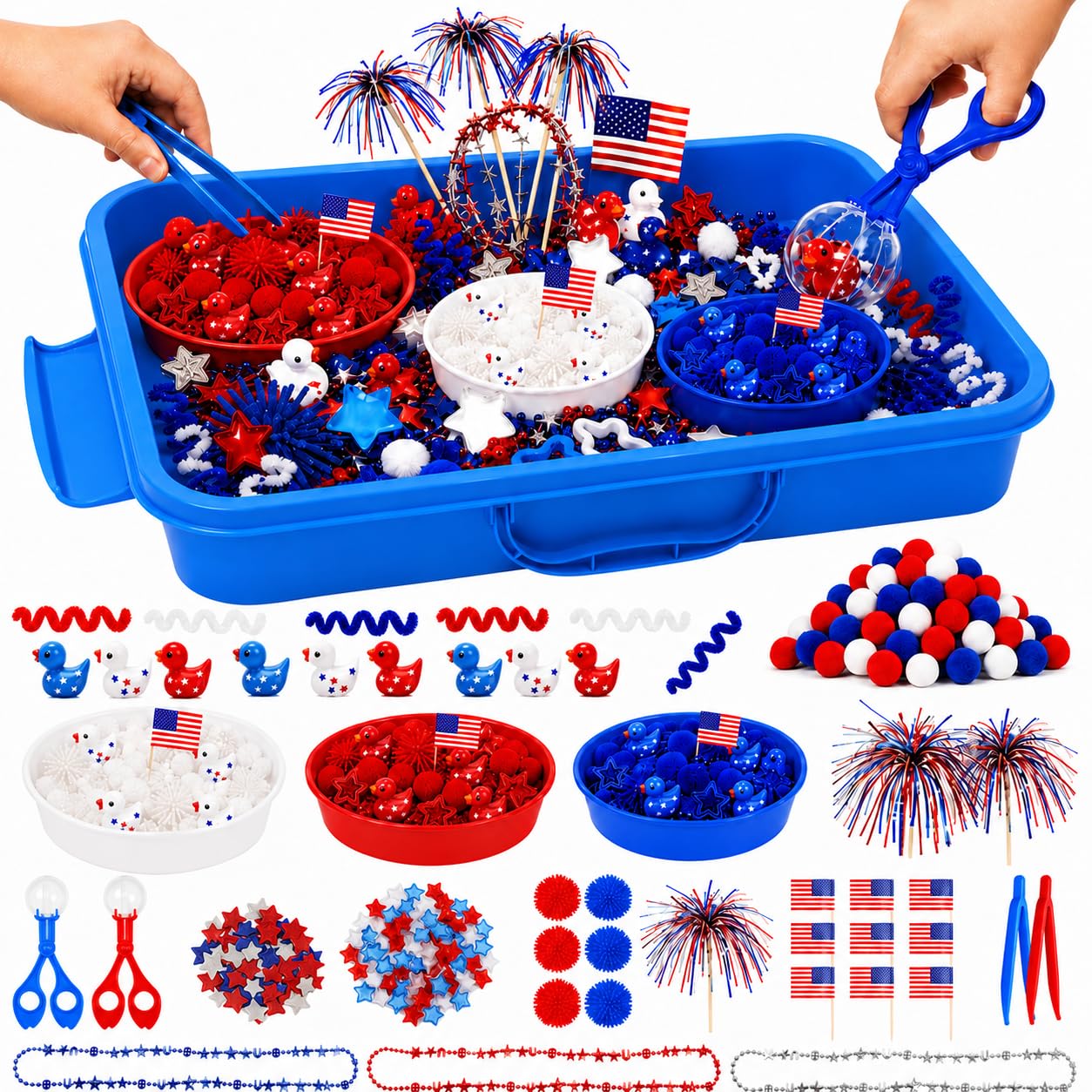 Cinrobiye 186 Pcs 4th of July Sensory Bin Fillers Set, Independence Day Sensory Bin Activity Kit with Storage Box, Sensory Bin Supplies, Fourth of July Crafts, Patriotic Party Activities