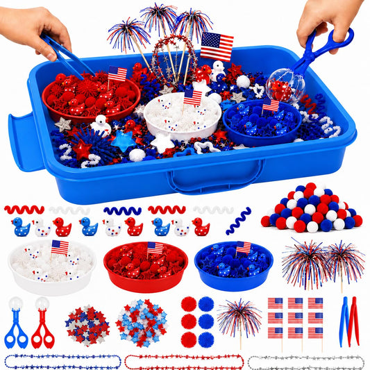 Cinrobiye 186 Pcs 4th of July Sensory Bin Fillers Set, Independence Day Sensory Bin Activity Kit with Storage Box, Sensory Bin Supplies, Fourth of July Crafts, Patriotic Party Activities