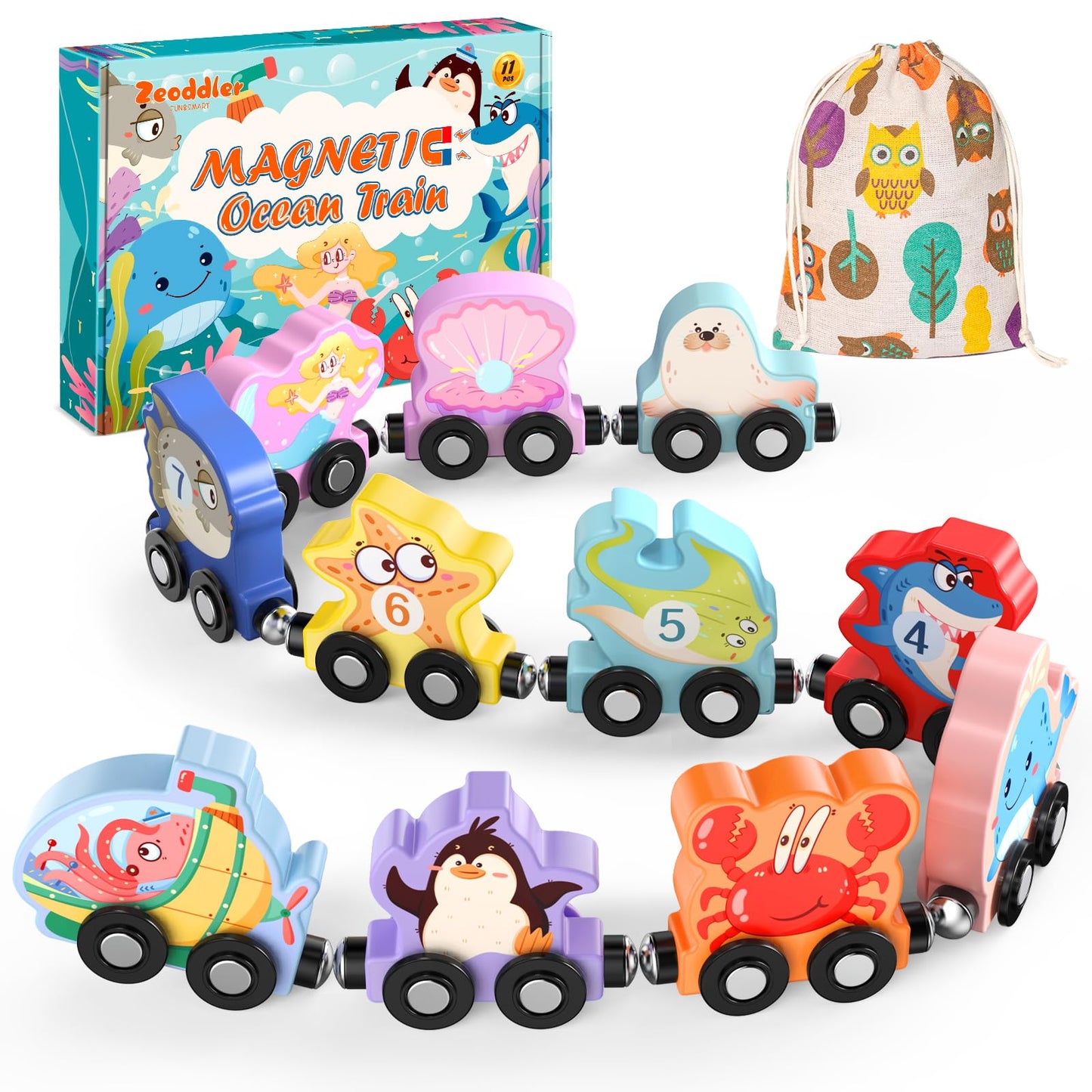 Zeoddler Toys for Toddlers, 11 Magnetic Wooden Sea Animals Train Set, Montessori Toys for Toddlers, Educational Activities for Kids, Birthday Gifts for Boys, Girls