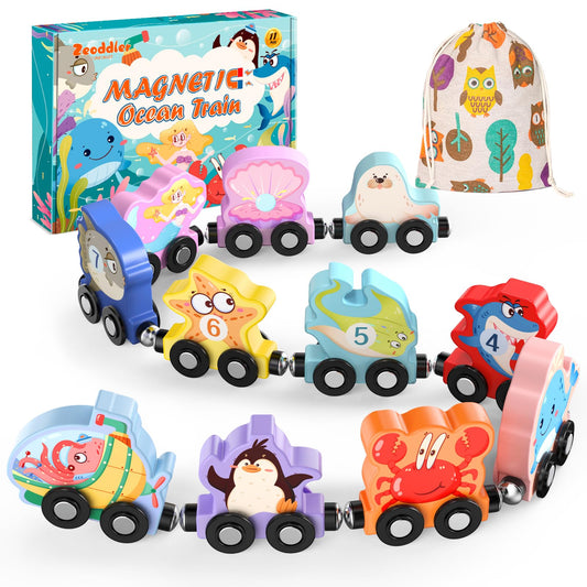 Zeoddler Toys for Toddlers, 11 Magnetic Wooden Sea Animals Train Set, Montessori Toys for Toddlers, Educational Activities for Kids, Birthday Gifts for Boys, Girls