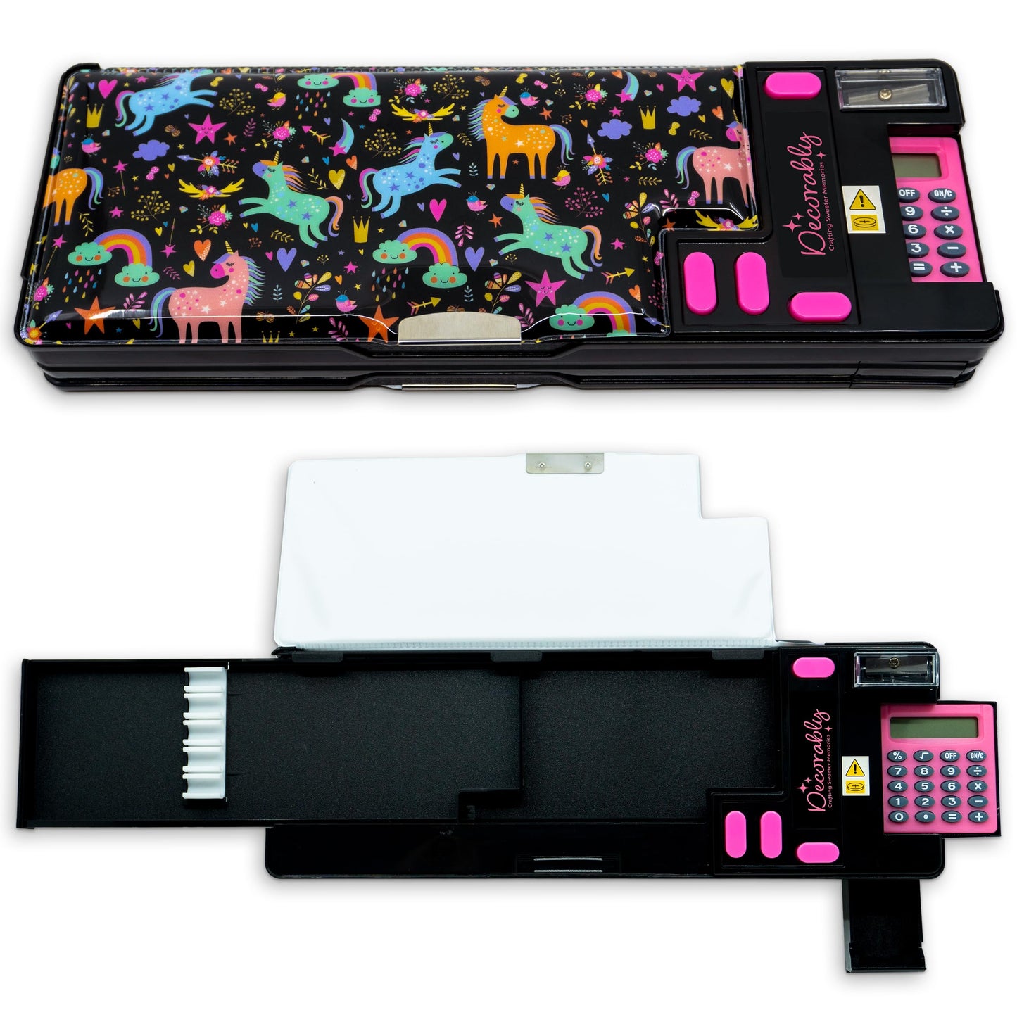Decorably Unicorn Pop Up Multifunctional Pencil Case with Compartments, Calculator, Sharpener, Pen Slots, Mini Drawer and 2 Main Sections with Magnetic Closure - Back to School Gift for Kids