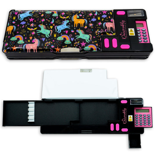 Decorably Unicorn Pop Up Multifunctional Pencil Case with Compartments, Calculator, Sharpener, Pen Slots, Mini Drawer and 2 Main Sections with Magnetic Closure - Back to School Gift for Kids