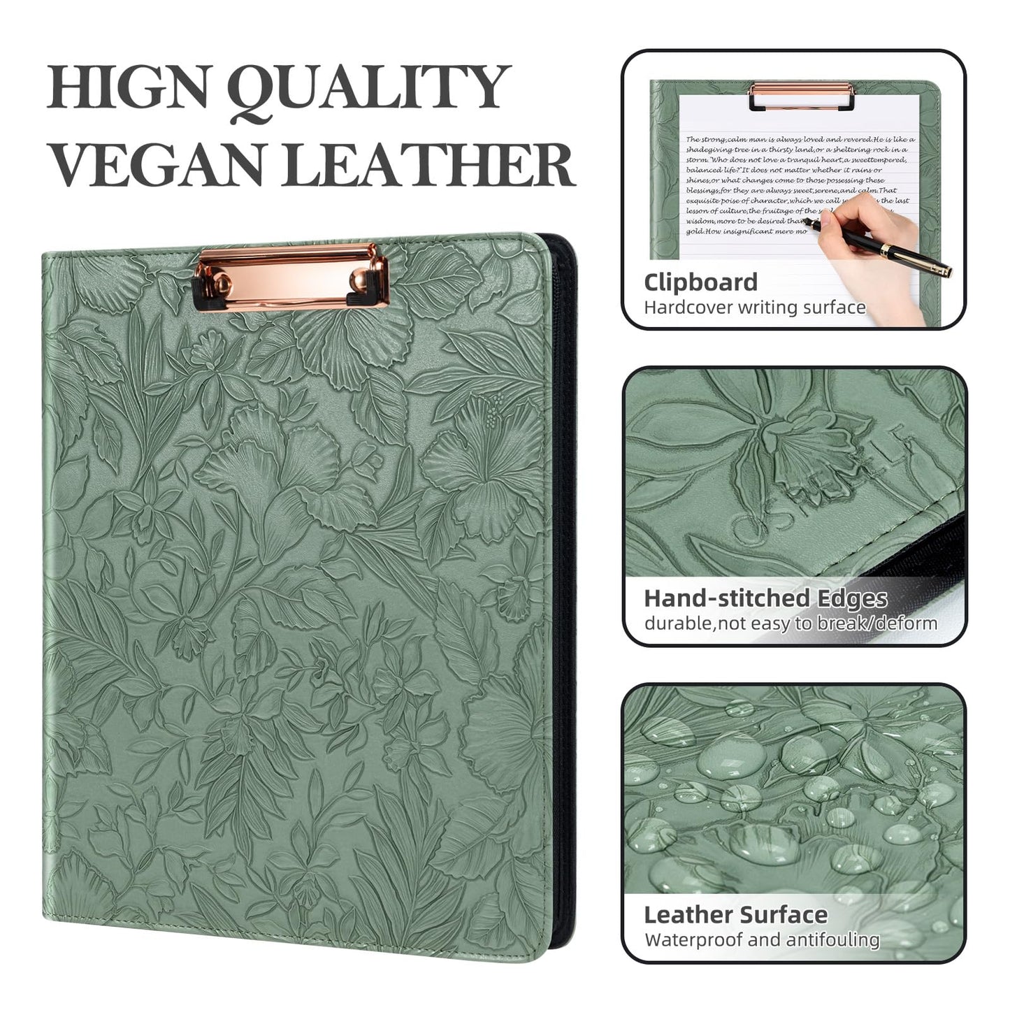 Ospelelf Green Leather Portfolio Binder 3 Ring, Zippered Clipboard Folder with Storage - 5 Dividers with Pocket, Padfolio for Women,12.1” Tablet Sleeve, Refillable Notepad, Card Slot