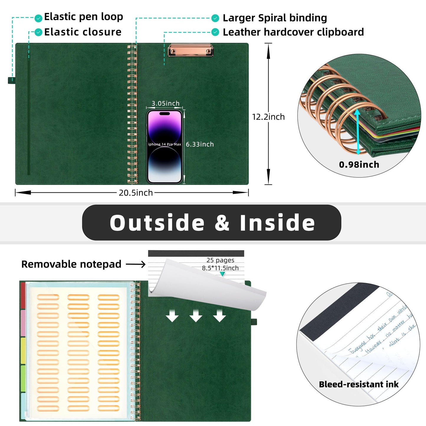 Ospelelf Leather Clipboard Folio with Notepad for Letter Size, Spiral Clipboard Folder with Storage Zipper Pouch, 5 Folders with 10 Pockets, 39 Divider Label Stickers, Pen Loop Series (Green)