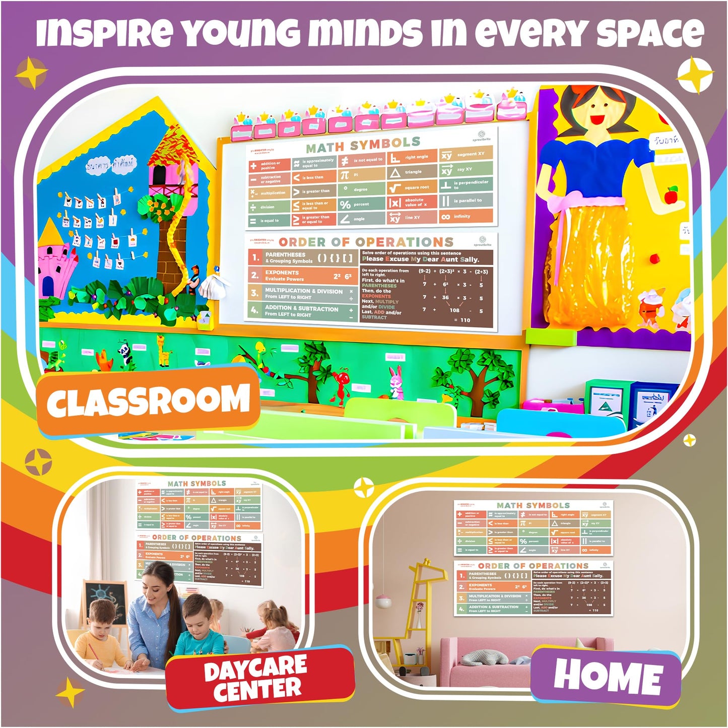 Sproutbrite 2 Count Educational Invisible Math Posters for Classroom (13.5"x39") - Large Invisible Math Posters for Middle School - Invisible Math Banner for High school - Includes Math Symbols Pi, Angle and Square Root Helping Students Understand Core Ma