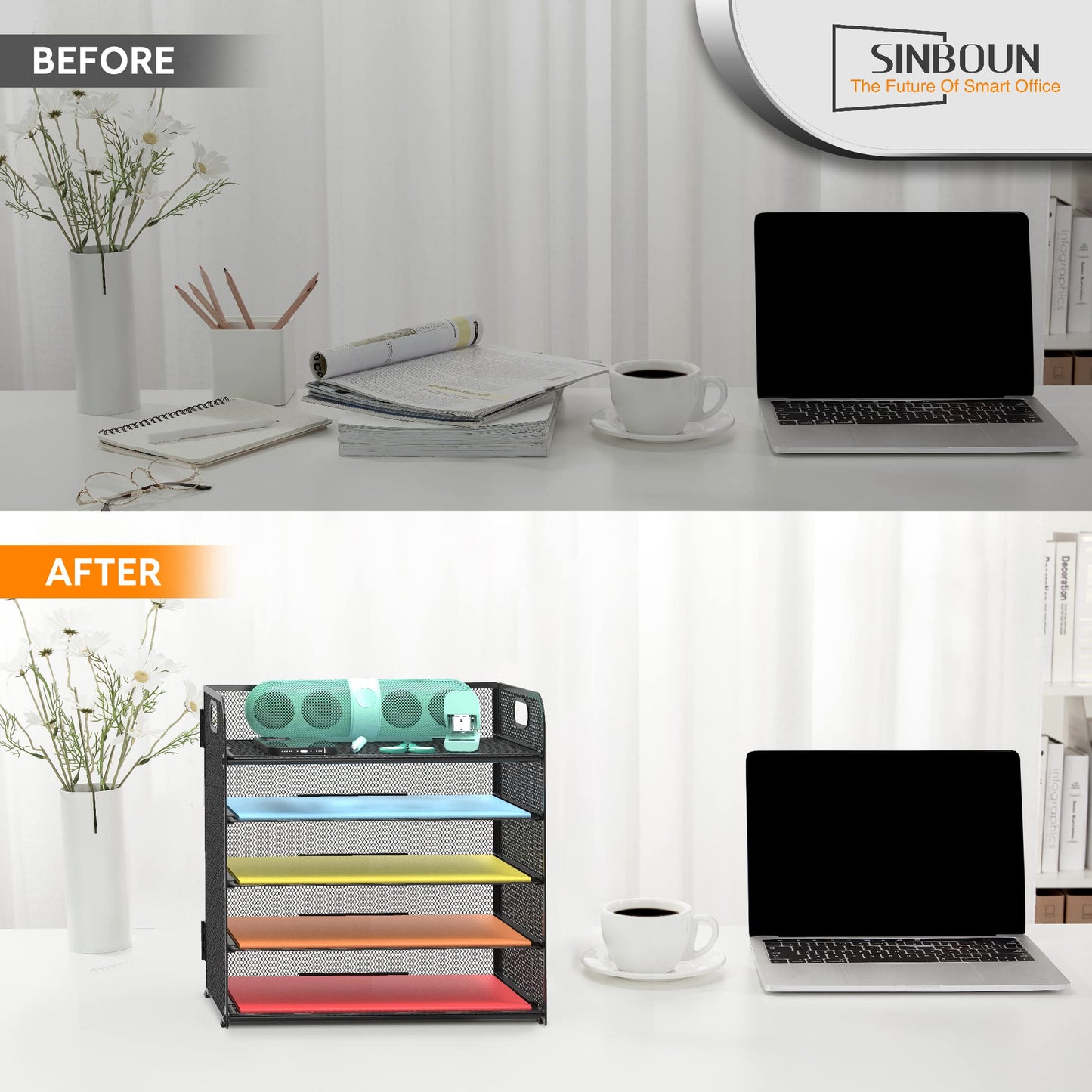 Letter Tray Paper Organizer 5-Tier Desk Organizer File Organizer Paper Holder with Handle, Metal Desktop Document Shelf Tray Office Classroom Organization - Black