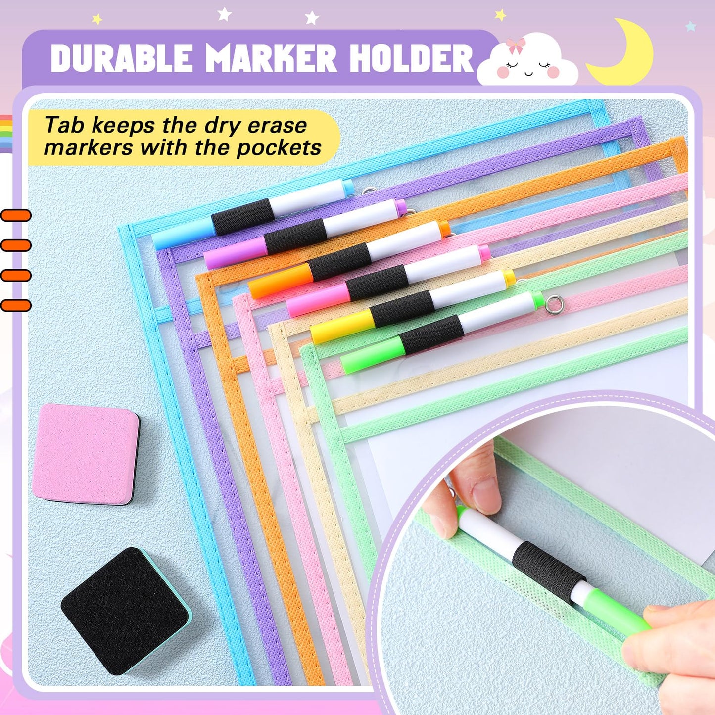 24 Pcs Dry Erase Pocket Reusable Sleeves 10" x 14" Clear Plastic Sheet Protectors with Markers and Mini Dry Erasers for Paper(Pastel)