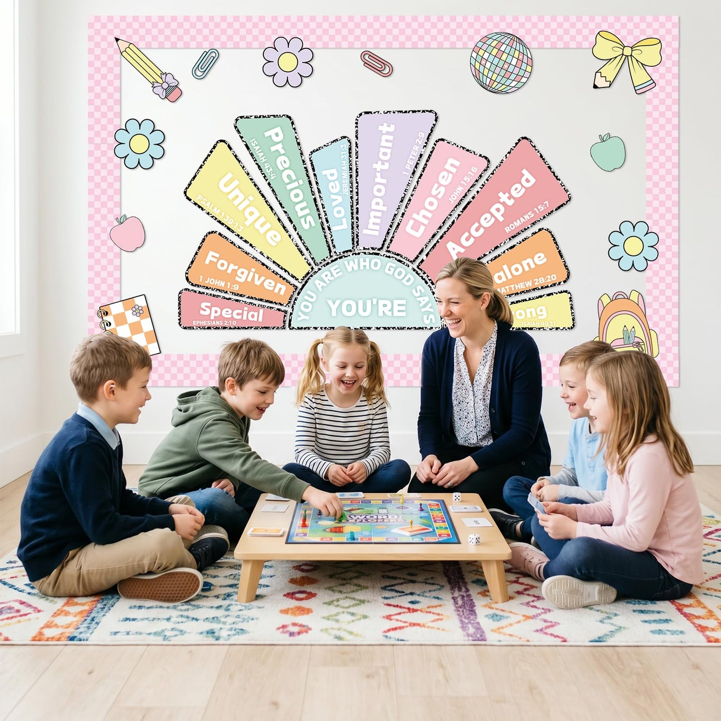 Gueevin 52 Pcs Christian Bulletin Board Decoration Set Composition Pastel Checkerboard Classroom Paper Cutouts Religious Bible Inspirational Bulletin Board for Back to School Sunday School Home Church