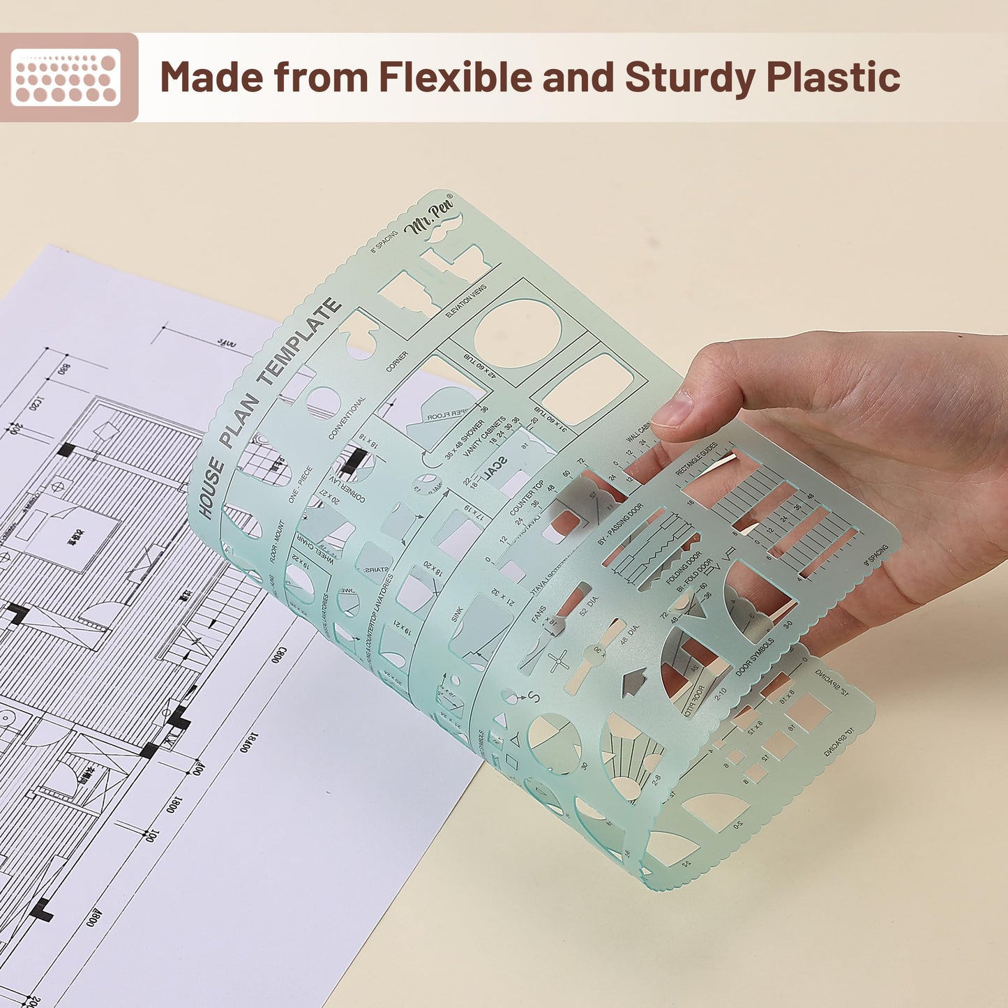 Mr. Pen- House Plan, 3 pcs, Interior Design and Furniture Templates, Clear Flexible Plastic, Drafting Tools, Ruler Shapes for Architecture, 1/4 Inch Scale, Kitchen, Bath, Bedroom, Office, Living Room