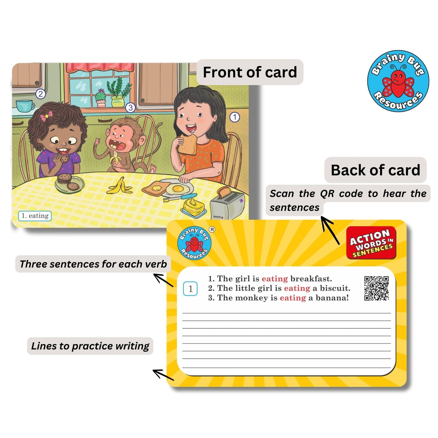 Brainy Bug English Learning Flashcards with App-Enabled Audio Feature | SVO Sentences | Action Words, Grammar & Sentence Practice | Eary Learners | Special Needs | Home Schooling