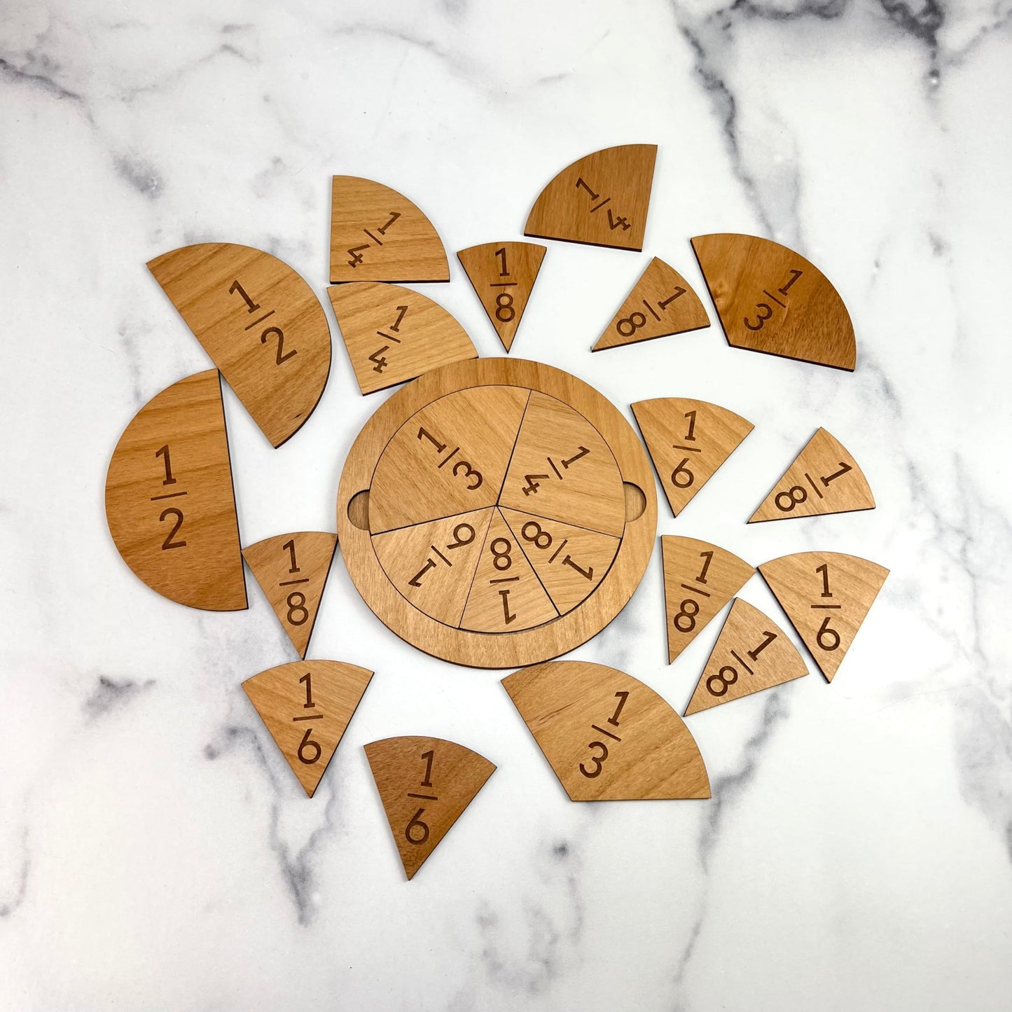 Fraction Tiles - Laser Engraved Alder Wood - Includes 5 inch Tile Holder and Fraction Tiles (78 Tiles)