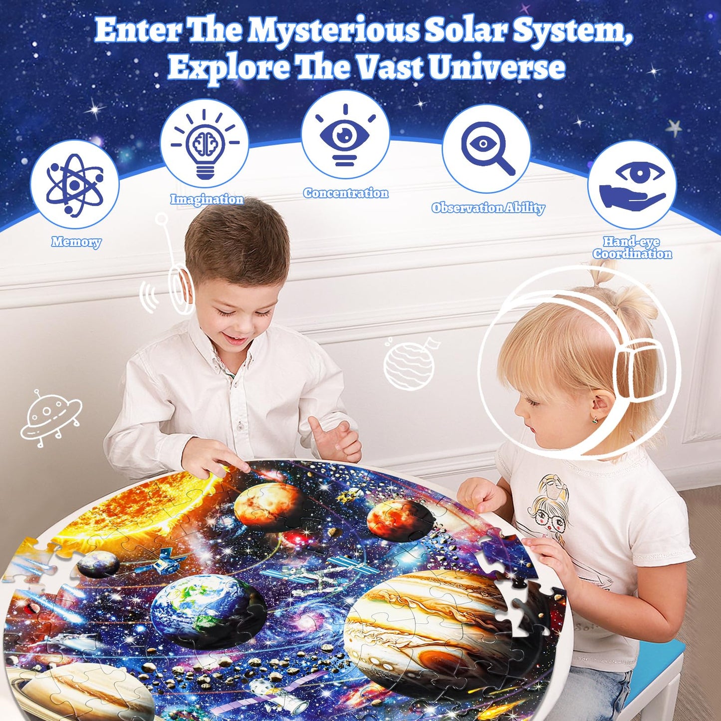 Glow in The Dark Solar System Jigsaw Puzzles for Kids Ages 4-8, 70 Pieces Kids Space Planet Floor Puzzle Toys Ages 8-10, Large Round Educational Puzzle Toys Easter Gifts for Kids Boys Girls