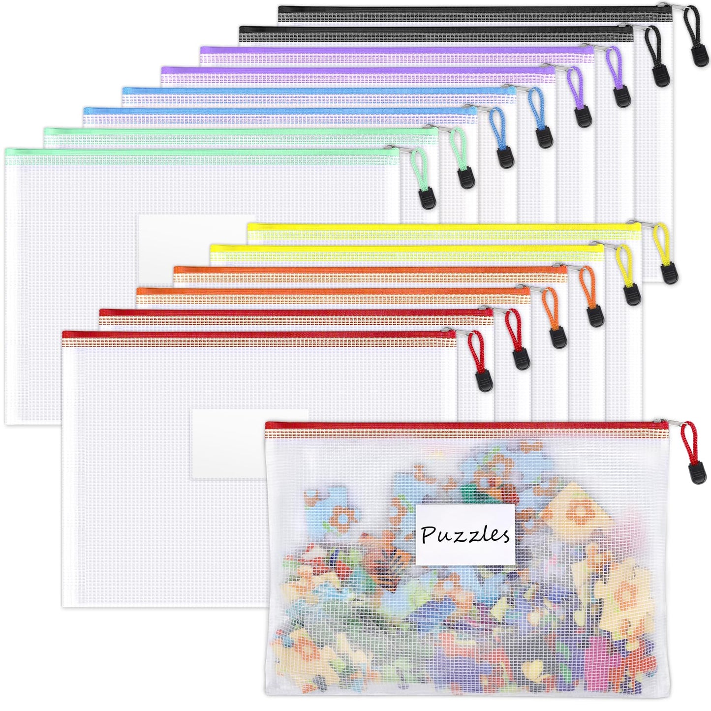 Sooez 14 Pack Mesh Zipper Pouch Bags, A4 Letter Size, Zipper Bags with Label Pocket, Waterproof Bag for Classroom Organizer, School Office Teacher Supplies, Storage Pouches for Board Game Toy Storage