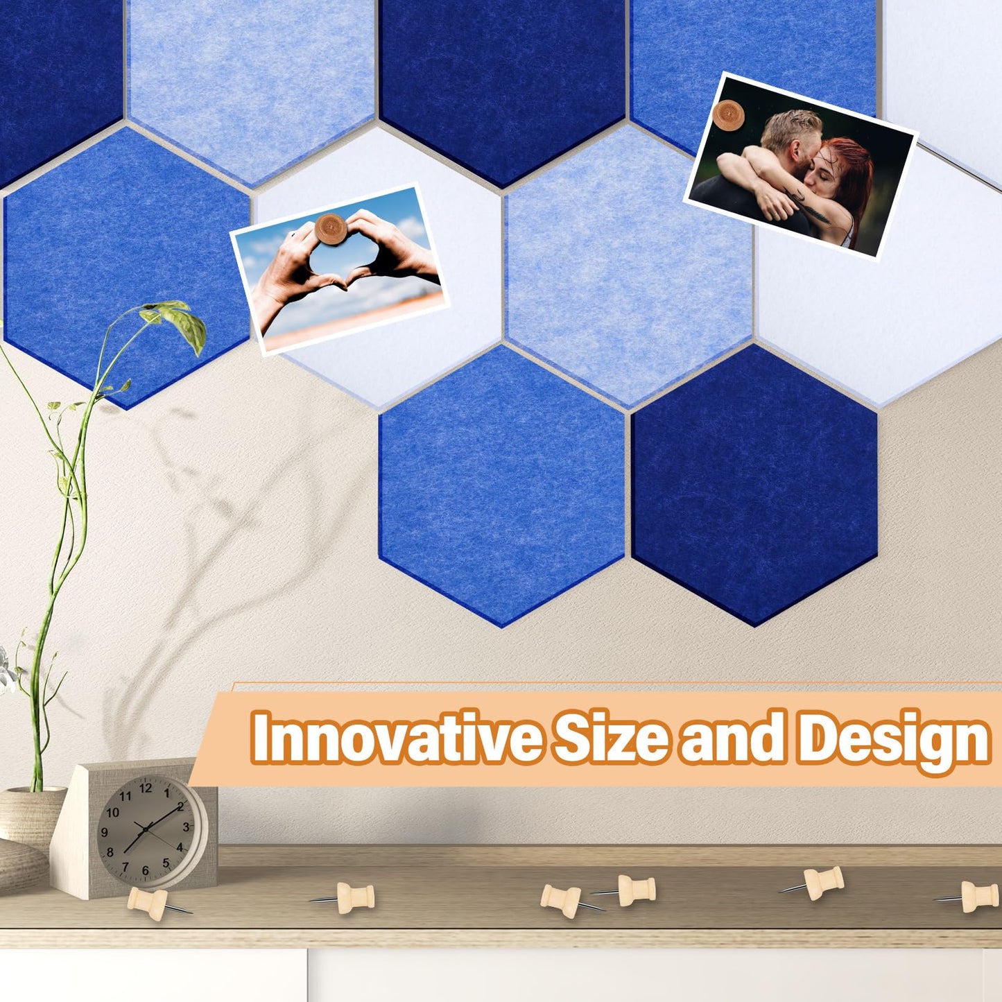 Mindsoft 16 Pcs Hexagon Cork Board for Walls with 50 Wooden Push Pins 6.7 x 5.9 in Felt DIY Tiles Notice with Nano Tape Hanging Bulletin Board for Home Photo Office Memo Note (Blue)