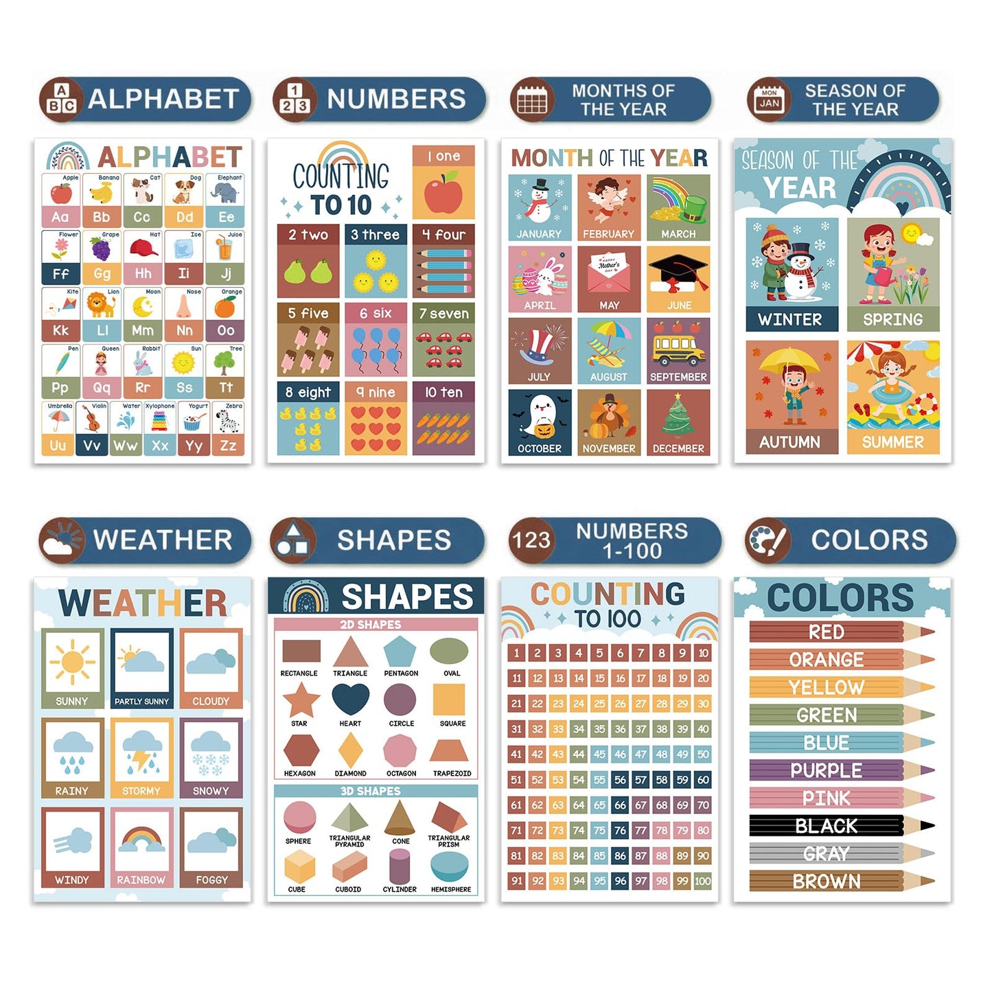 16 Pcs 16”x24” Large Educational Posters for Classroom Decor-Educational Posters for Toddlers 1-3 Learning Poster for Boys Girls Ages 3-5,Kindergarten Preschool Classroom Teacher Must Haves Chart Boho
