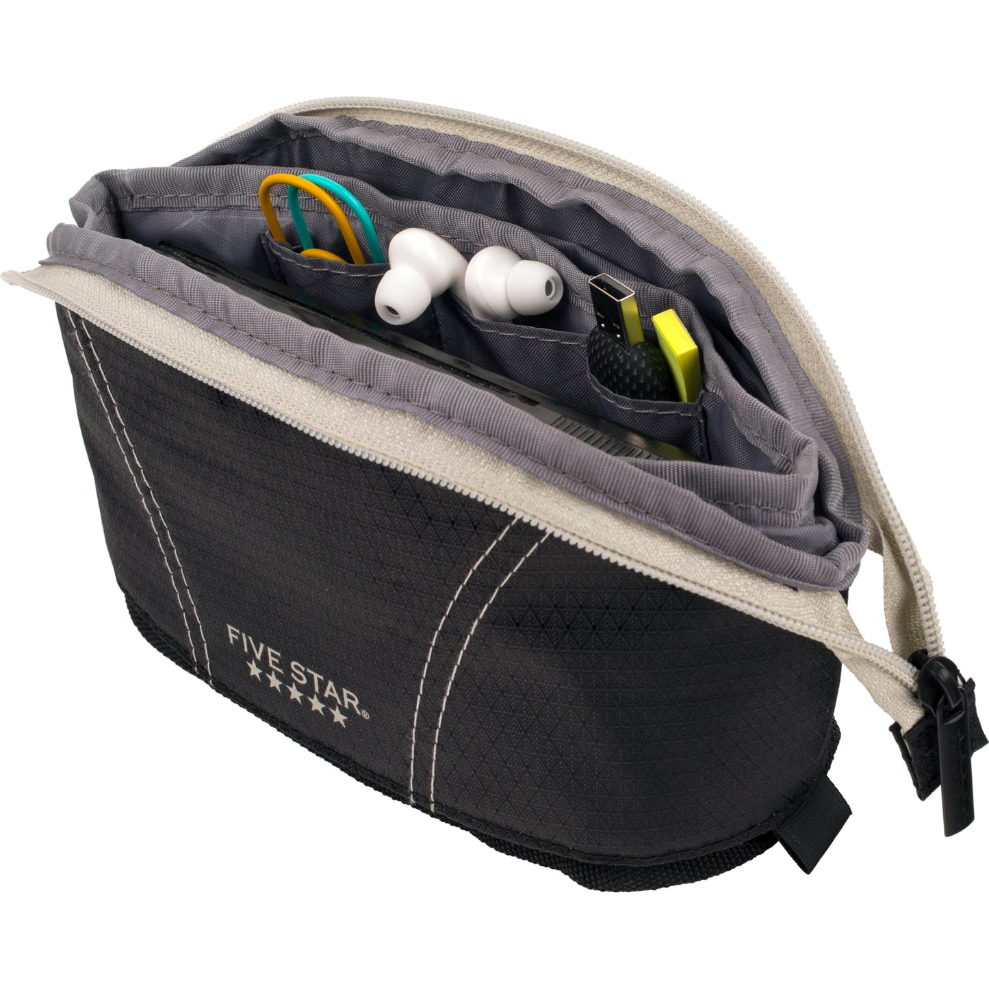 Five Star Pencil Pouch, Pen Case, Quick View Expandable Zipper Pouch, Storage Organizer for School Supplies Earbuds Chargers Cables Makeup, Black/Grey (507610A-ECM)