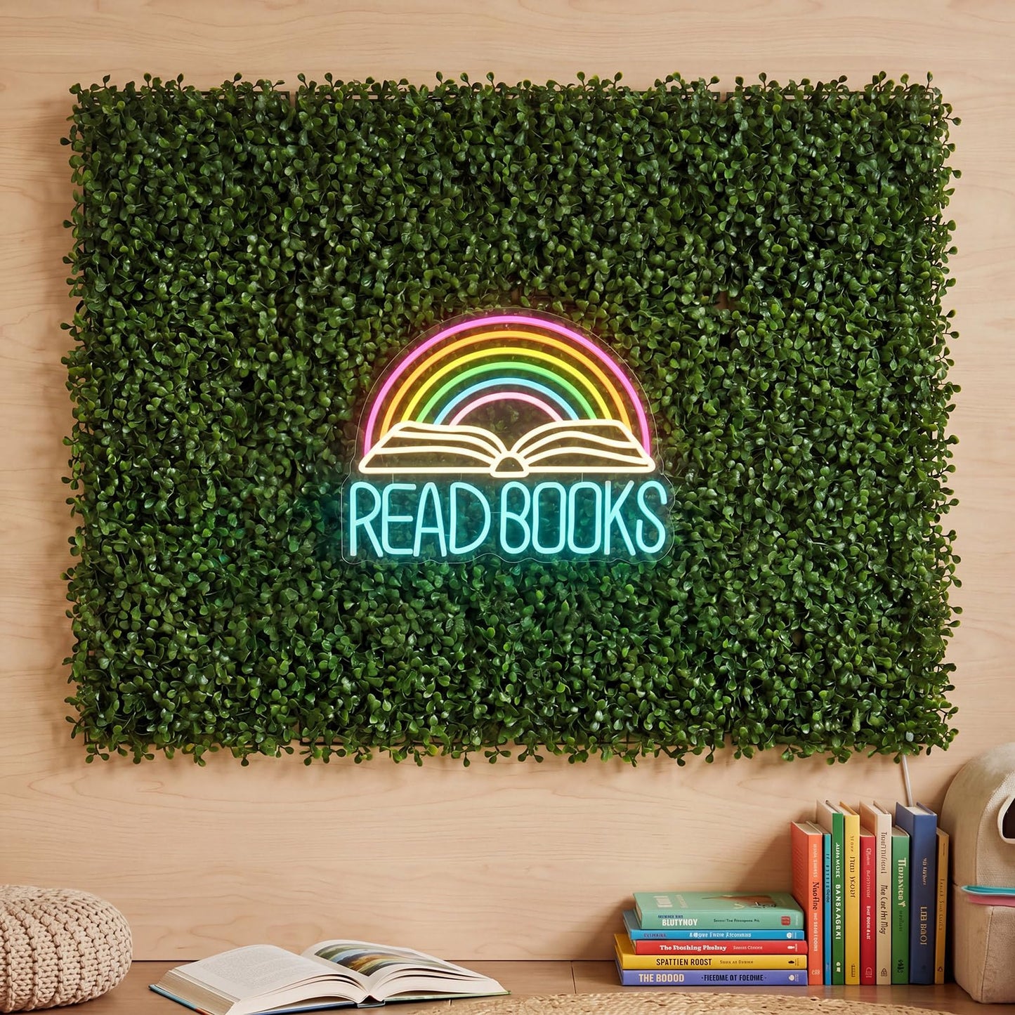Fumete 13 Pcs Classroom Reading Corner Calming Corner Decor 10 x 10" Artificial Grass Wall Panels with Read Books Neon Sign Classroom Greenery Wall Decoration for Home School Party Supplies