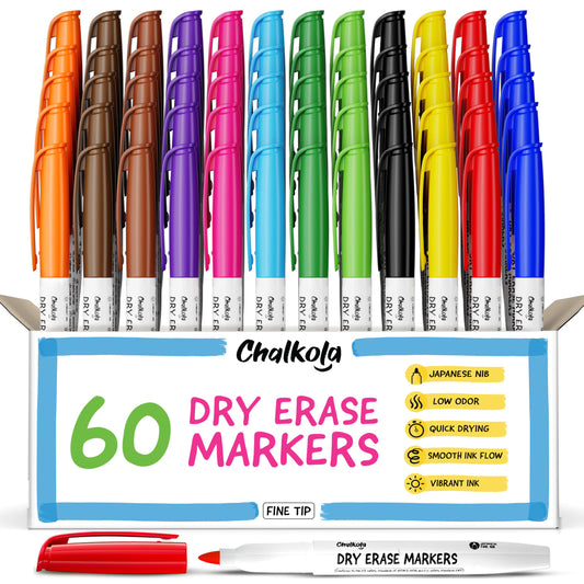 Chalkola 60 Fine Tip Dry Erase Markers Bulk (60 Pack, 12 Colors) | Non toxic, Low Odor Whiteboard Markers for Kids, Teachers, Office, School, Classroom Supplies - Thin Point White Board Dry Erase Pens