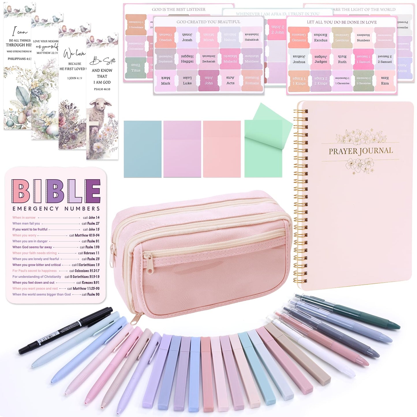 XKDOUS Bible Study Supplies Journaling Kit for Women, Bible Study Kit, 12 Pastel Highlighters and 12 Pens No Bleed, 75 Laminated Tabs, Prayer Journal Pencil Case and More, Pink