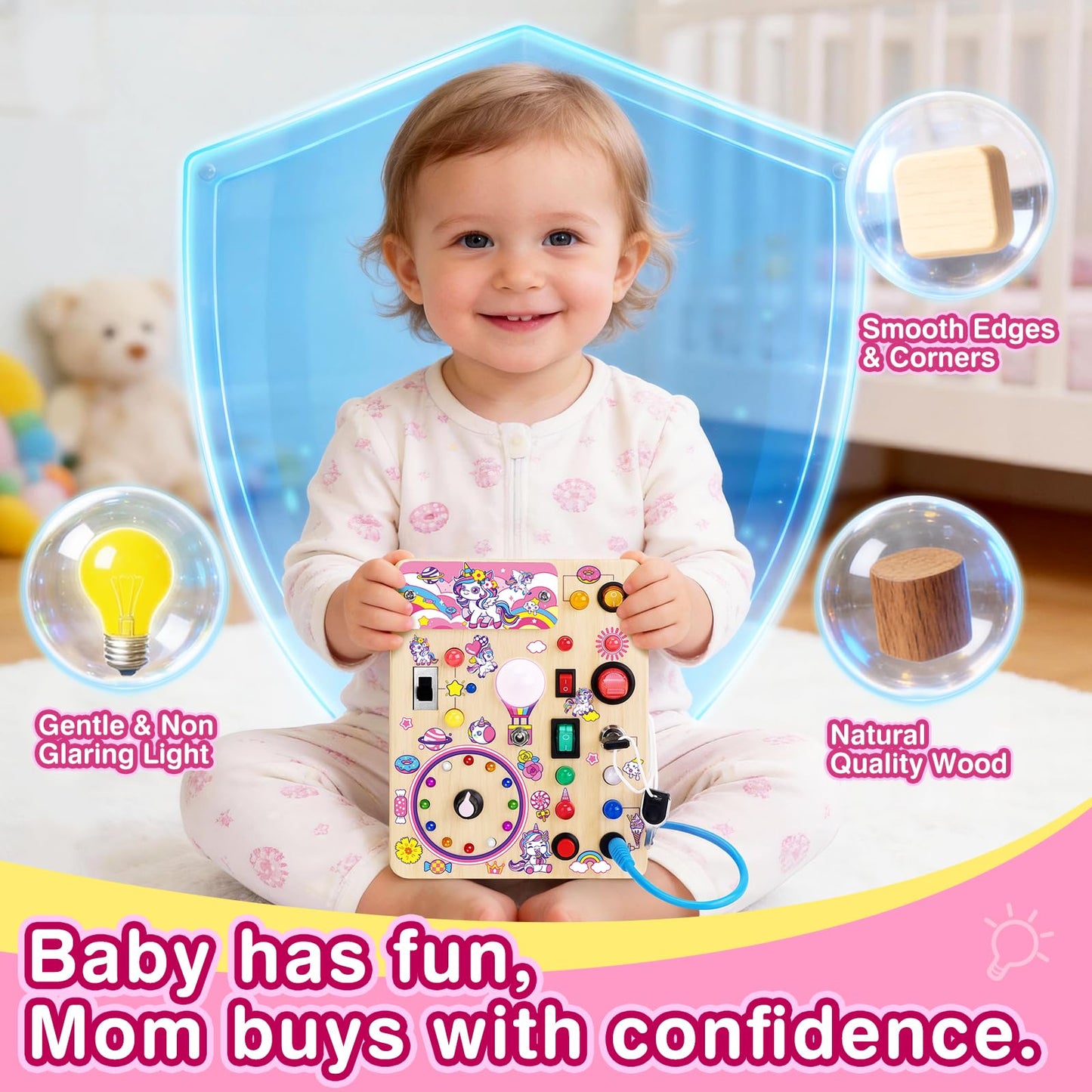 Grarain Busy Board for Toddlers - Montessori Educational Toy for 1-3 Year Old Boys & Girls | Travel-Friendly Sensory Learning Activity | Ideal for Kids with Autism(Unicorn Busy Board)