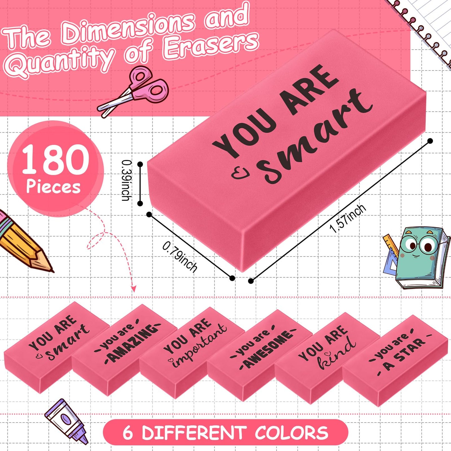Resurhang 180 Pcs Erasers Bulk for Kids Inspirational Pencil Erasers Bulk for Drawing Motivational Big Eraser School Supplies for Classrooms Back to School Office (Motivational,Pink)
