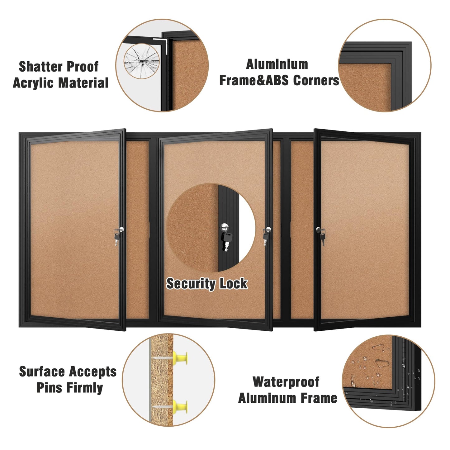 Mifuro 70"x34" Enclosed Bulletin Board, Outdoor Lockable Weather-Resistant Aluminum Cork Noticeboard for School & Office, Black Frame w/Cork