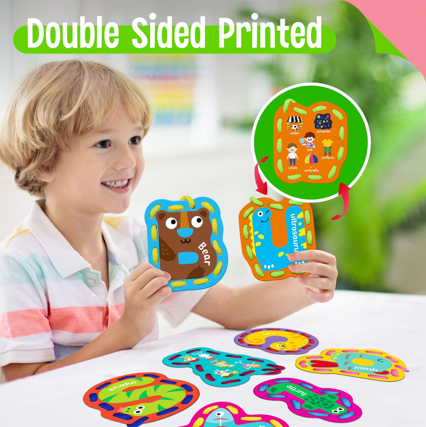 52 PCS Lacing Cards, 26 Double-Sided Uppercase & Lowercase Sewing Cards with 52 Colorful Laces, Imagination Development Lacing Toy Games Educational and Learning Activity for Preschoolers, Children