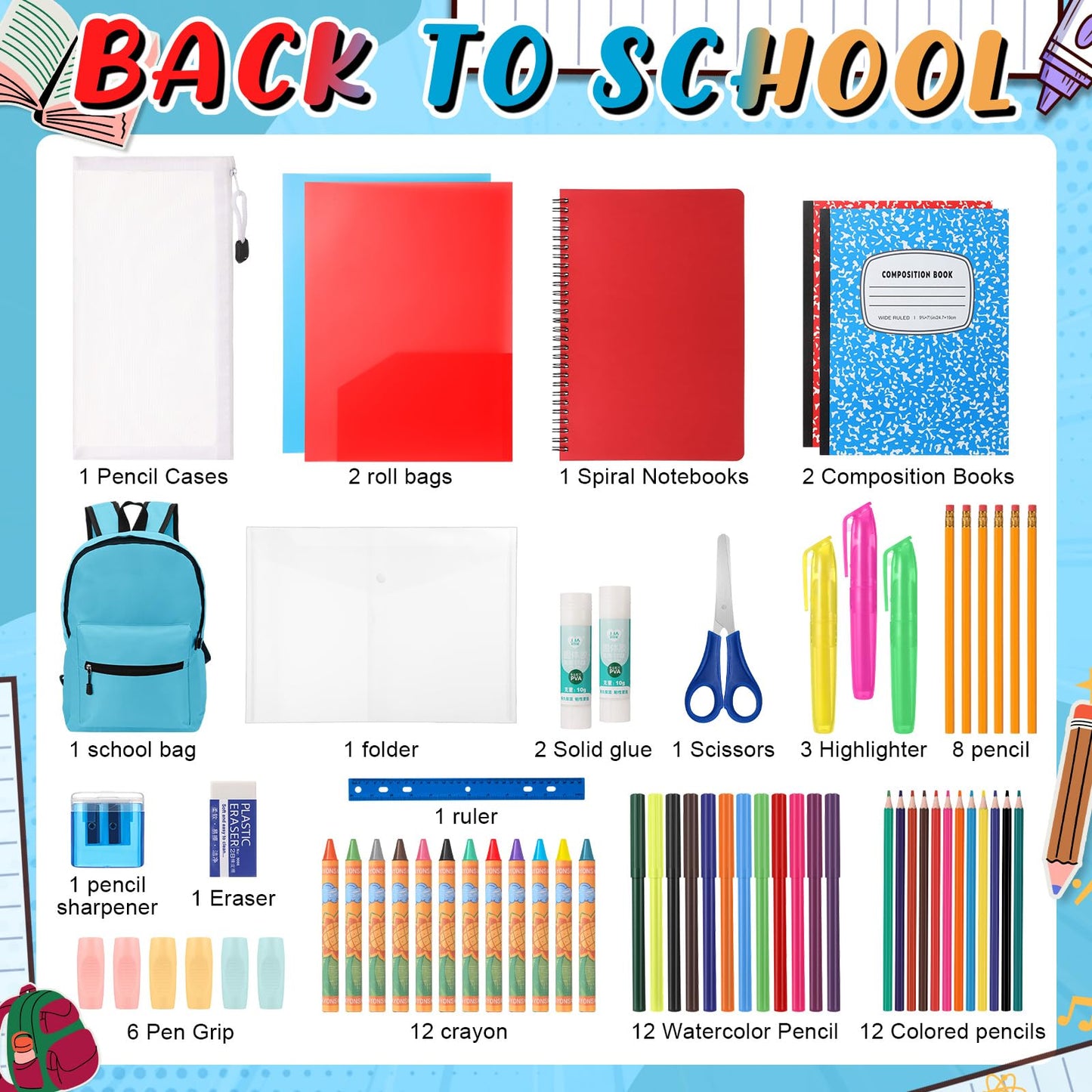 Gilprop 79 Pcs Back to School Supplies Box for Kids K-5 Students Elementary Middle School Supplies Kit Bundle Bulk Essential Pen Notebook Stationery for Primary Student Classroom(Blue)