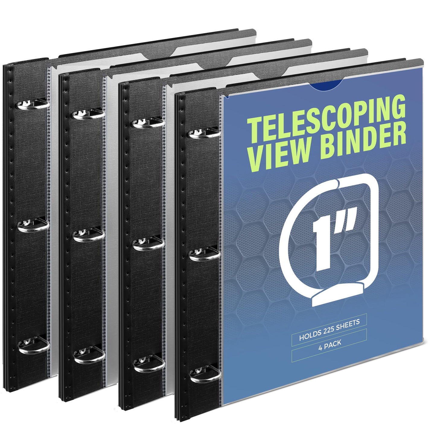 WOT I 1 Inch Telescoping 3 Ring Binder 4 Pack, Expandable Flexible Binder with Customizable Front Cover & Clear Catalog Pocket, Holds 225 Sheets, School Office Supplies, Black