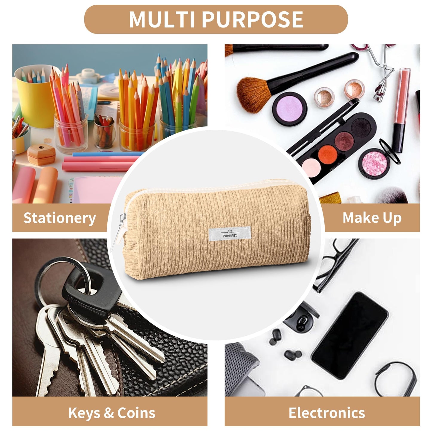 Purbert Pencil Bag Pen Case, Soft Corduroy Small Pencil Pouch Organizer with Zipper, Cute Pencil Case Pouch Stationery for Girls and Boys – Apricot