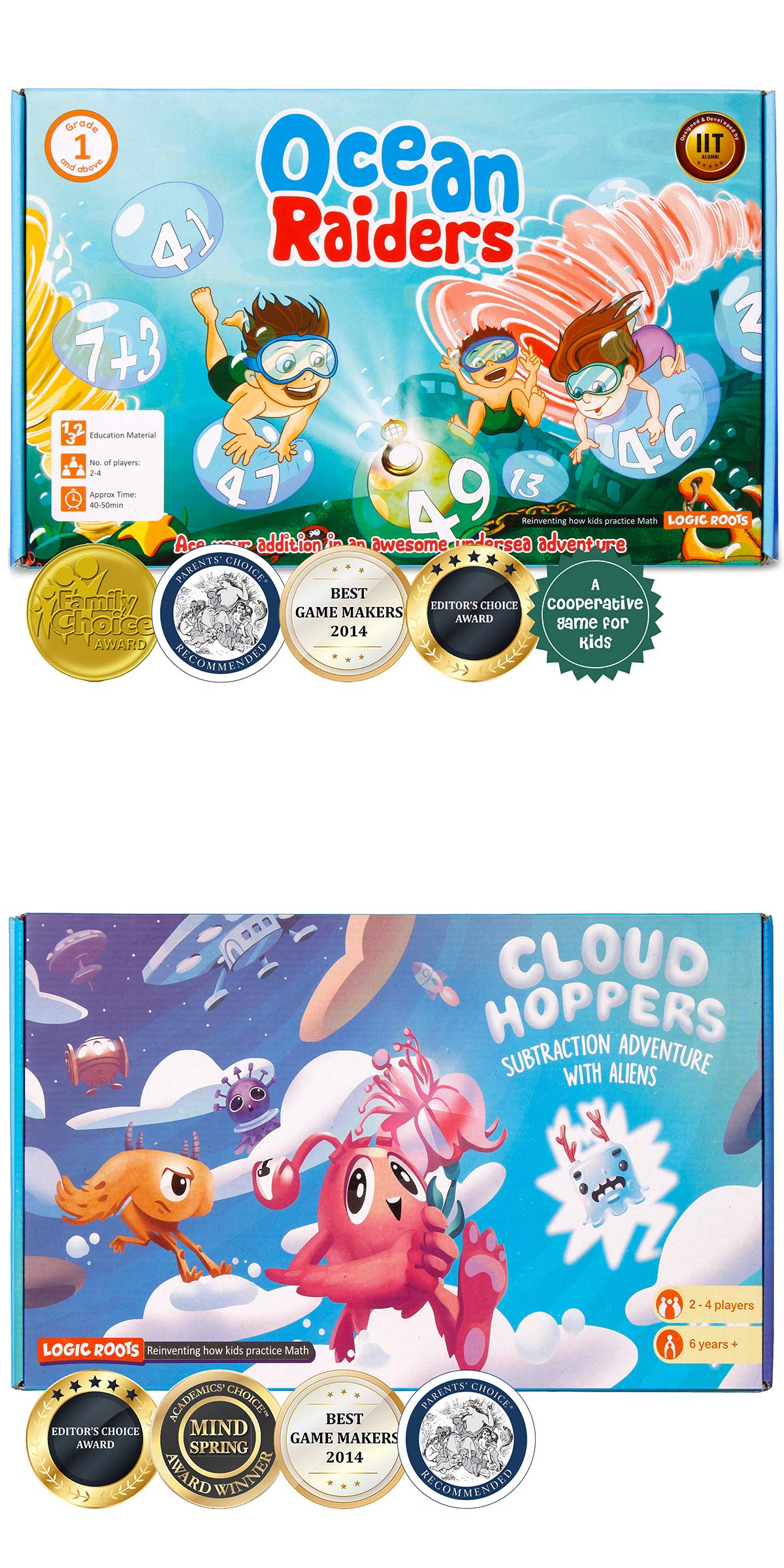 Logic Roots Addition and Subtraction Game - Fun Math Board Game for 6-8 Year Olds, Easy to Play Educational Game for Kids at Home, STEM Toy Gift for Girls & Boys (Ocean Raiders + Cloud Hoppers)