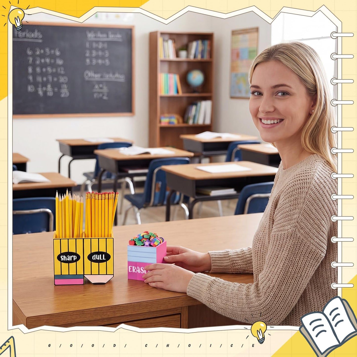 Eaasty Pencil Shaped and Sharp Dull Holder Eraser Wooden Dispenser Pencil Storage 3 Compartments for Back to School Teachers Classroom Organization(2 Pack,Simple)