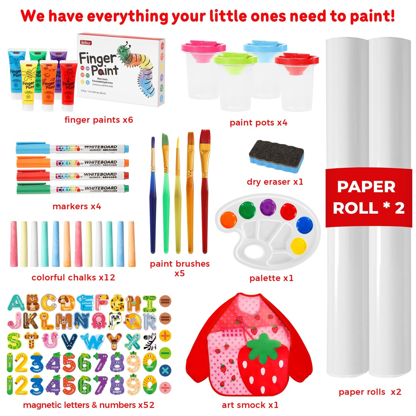 Belleur All-in-One Art Easel for Kids, Adjustable Double Sided Easel for Toddlers with Magnetic Whiteboard & Dry-Erase Chalk Board & Paper Roll, Child Painting Easel for Kid 2-8 Birthday Gift - Red