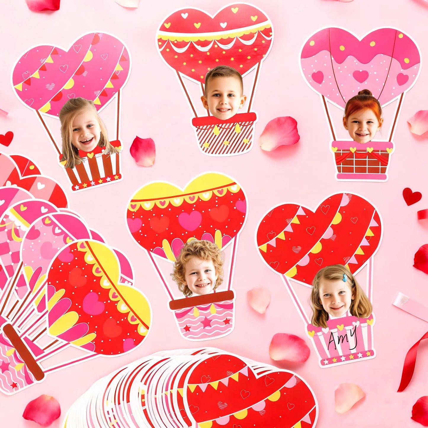 60pcs Valentine's Day Theme DIY Cutouts Hot Air Balloon Bulletin Board Decoration Set Heart Shape Balloon Paper Cut-Outs Decor for Valentines Classroom DIY Photo Craft Party School Wall Door Supplies