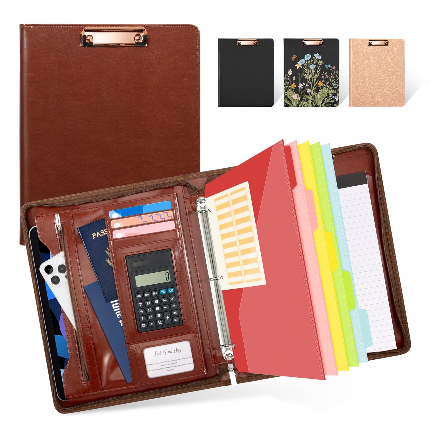 Ospelelf 3 Ring Binder Portfolio Folder with Zipper- Leather Padfolio with Clipboard Storage- Calculator, 12.1” Tablet Sleeve, 5 Dividers with Pocket, Refillable Notepad, Card Slot (Red Brown)