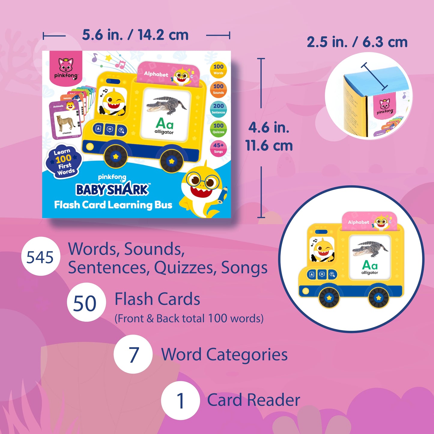 Pinkfong Baby Shark Flash Card Learning Bus – 545 Learning Contents (Words, Sounds, Sentences, Quizzes & Songs), 50 Double-Sided Cards, Interactive Educational Toy for Toddlers 1–3