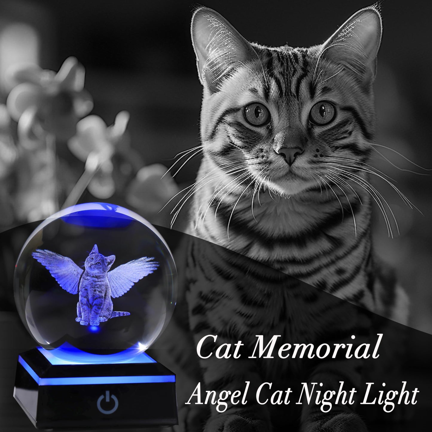 Qianwei Cat Memorial Angel Statue - 3D Crystal Engraved Office Decor - Remembrance Bereavement Sympathy Gift in Memory of Deceased Pets