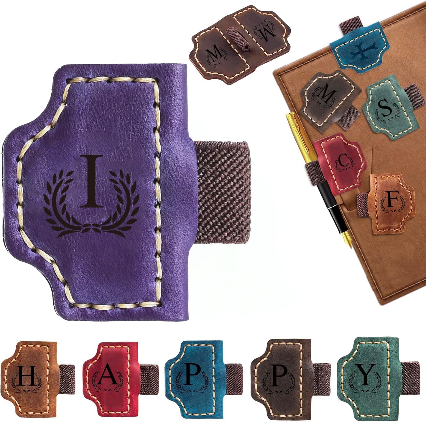 Custom Bygone Mark Bookmark with Pen Holder, 26 Letters Name Initial Personalized Magnetic Leather Bookmark, Gifts for Book Lovers, Readers, Travelers, Leather Book Marks (Purple, I)