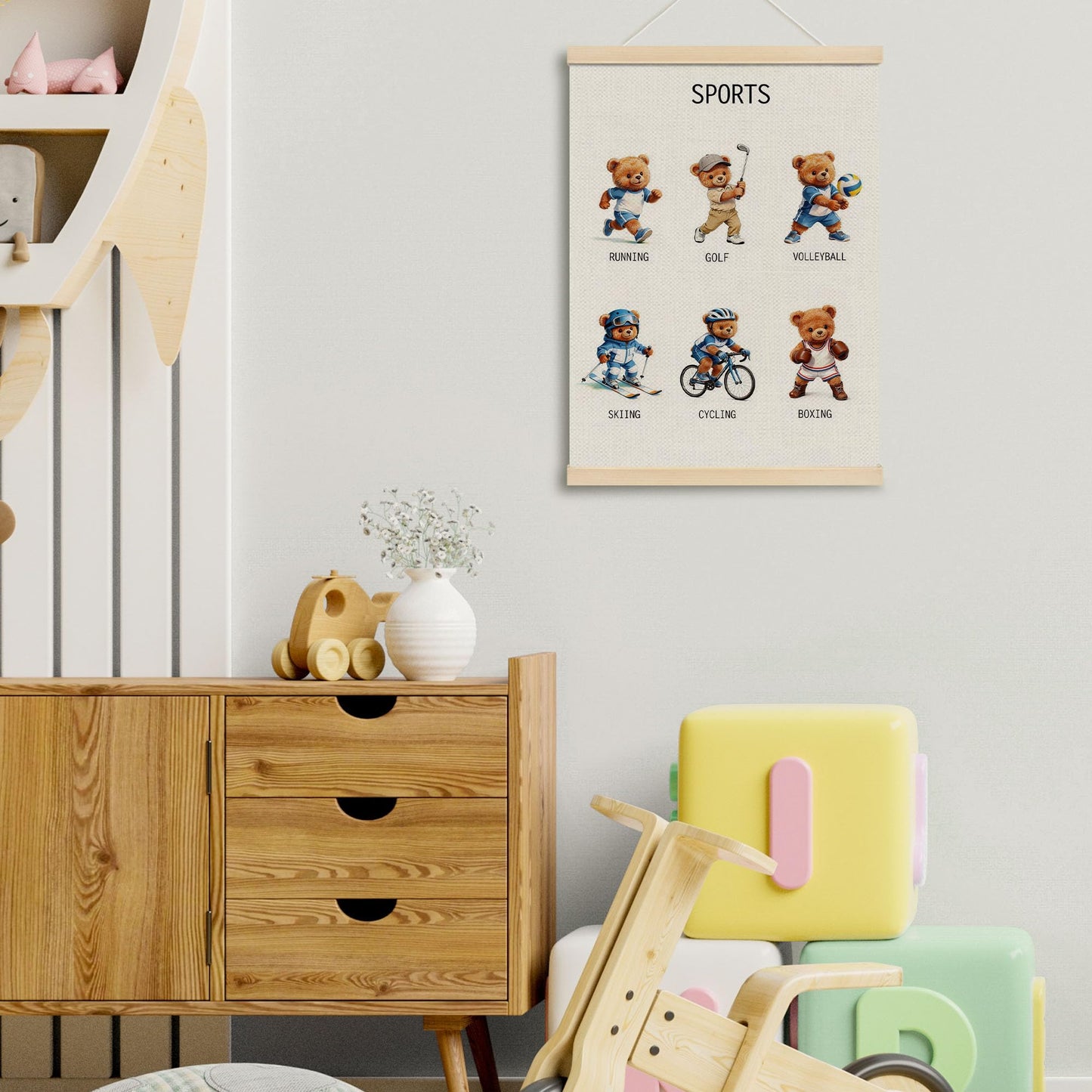 MOTERMATE Bear Sports Nursery Poster Hanger Frame, Sports Wall Hanging Decor Art Framed for Toddlers Kids Boys Room Nursery Bedroom Playroom, Kids Playroom Wall Poster Prints, 12x16 Inch