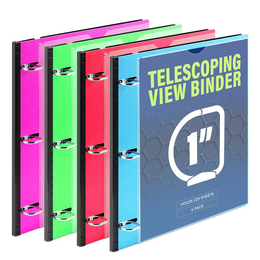 WOT I 4-Pack Telescoping 3 Ring Binder 1 Inch, Expandable Flexible Binder - Patented Design for Easy Portability, Holds 225 Sheets, 4 Bright Colors, Perfect for School, Office&Home Organization
